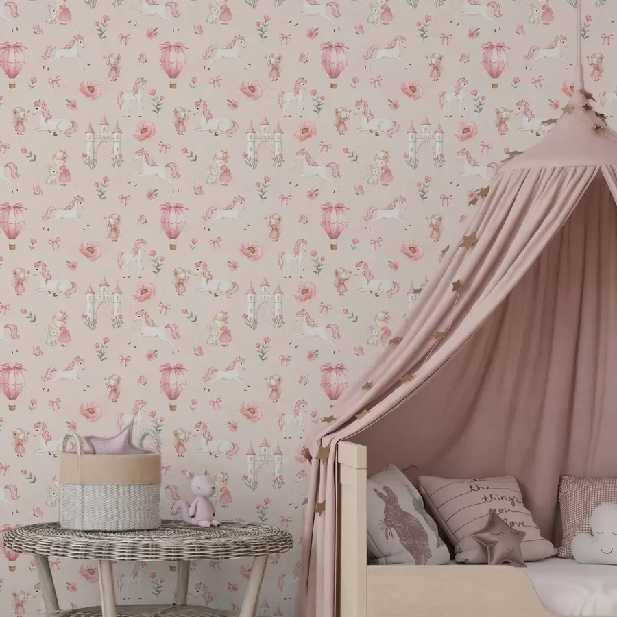 fotószőnyeg Rózsaszínű egyszarvúak, kislányok és egy kastély puha háttér előtt a00957