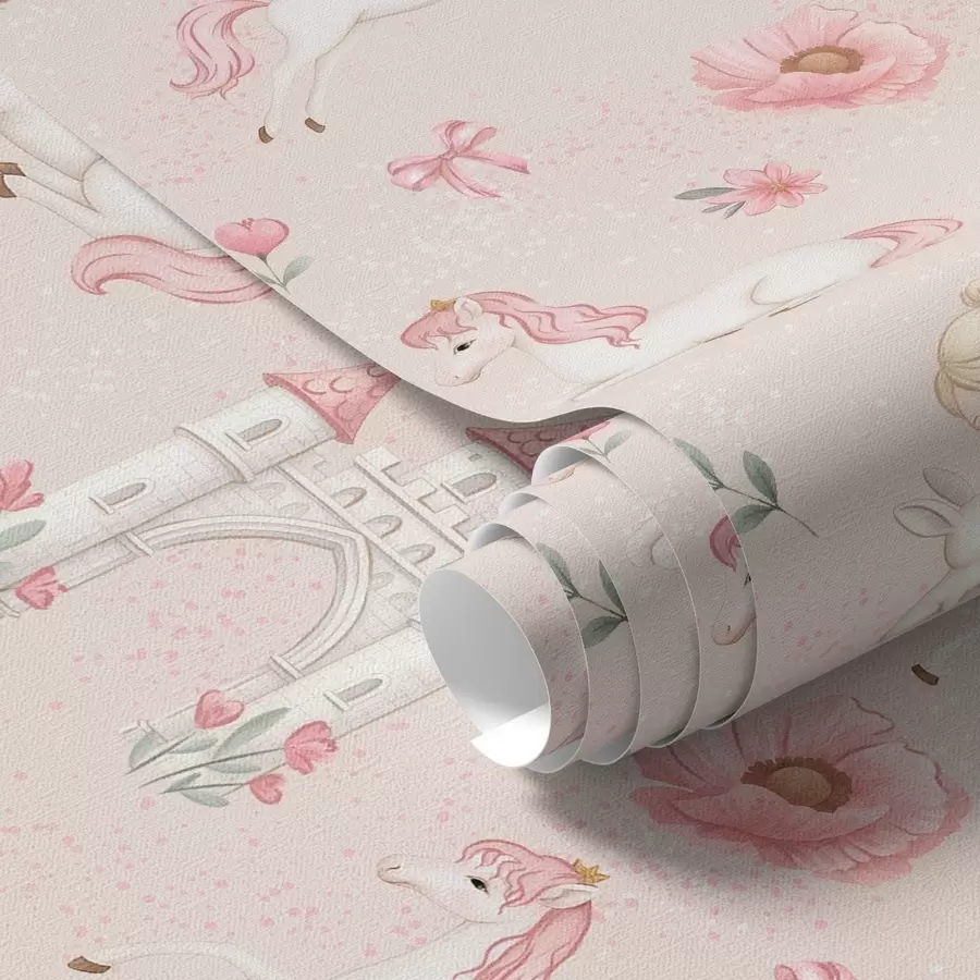 fotószőnyeg Rózsaszínű egyszarvúak, kislányok és egy kastély puha háttér előtt a00957