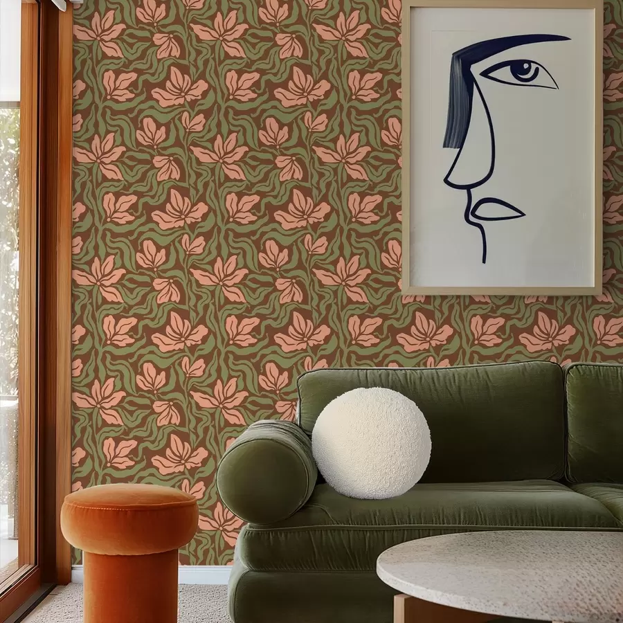 fotószőnyeg Barackvirágok és zöld növényzet mélybarna háttér előtt a00958v2