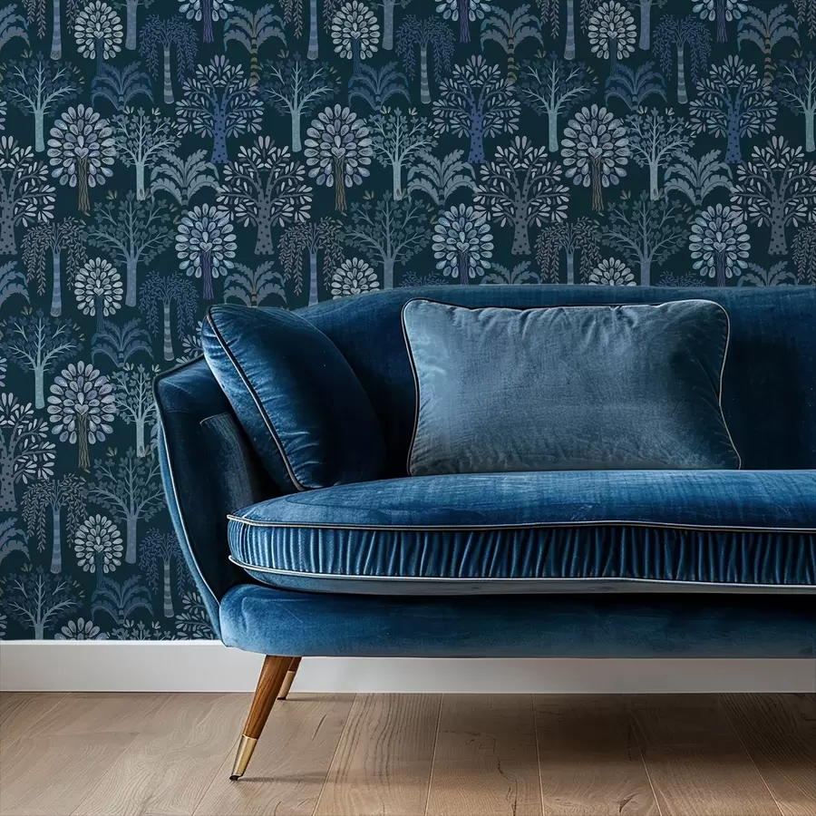 fotószőnyeg Éjszakai erdő kék árnyalatú díszfákkal a00960v2