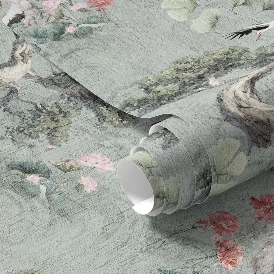 fotószőnyeg Darvak fenyők és lótuszok között, nyugodt zöld háttér előtt a00962