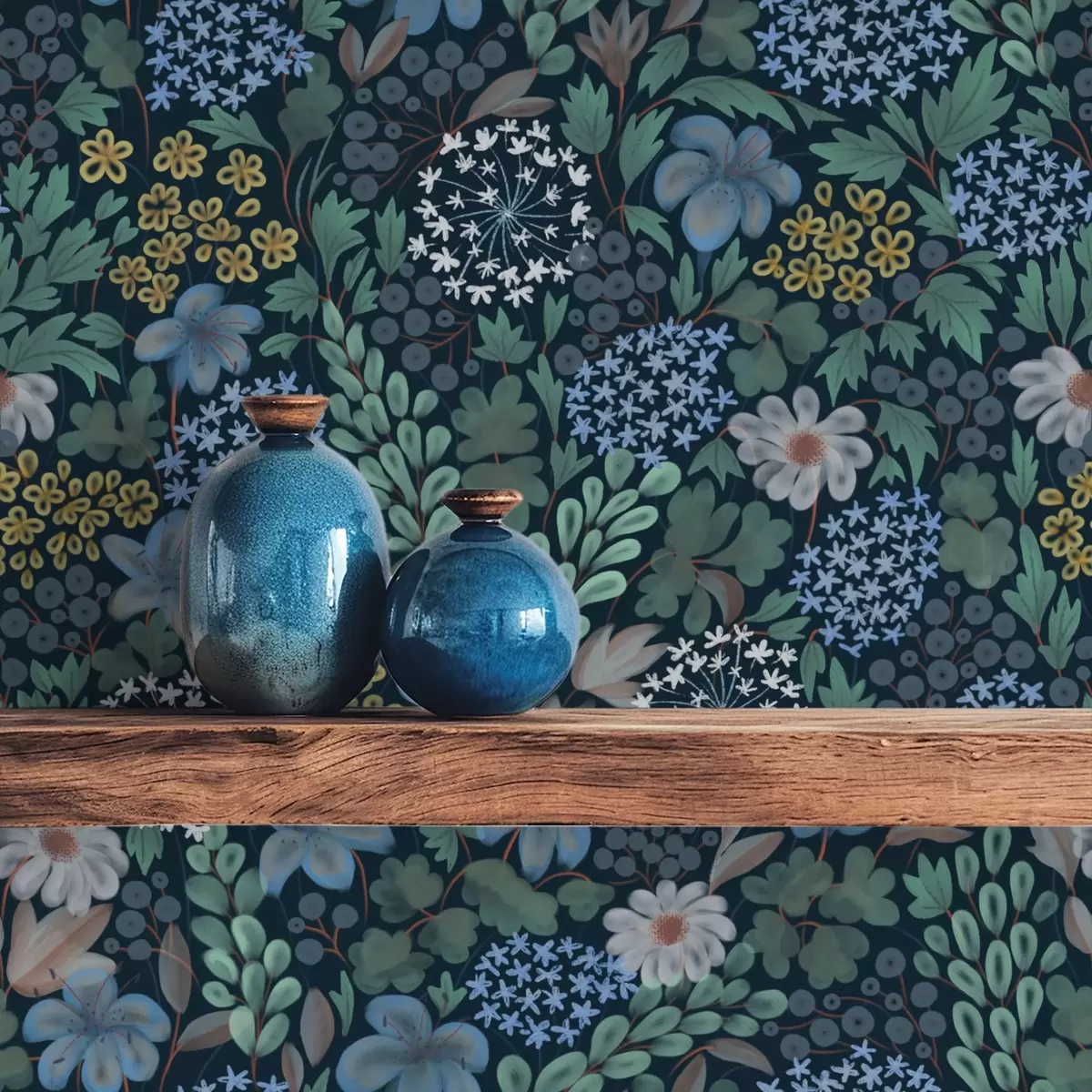 Háttérkép Éjszakai kert kék liliomokkal, bogyós gyümölcsökkel és vadon termő növényzettel a00996