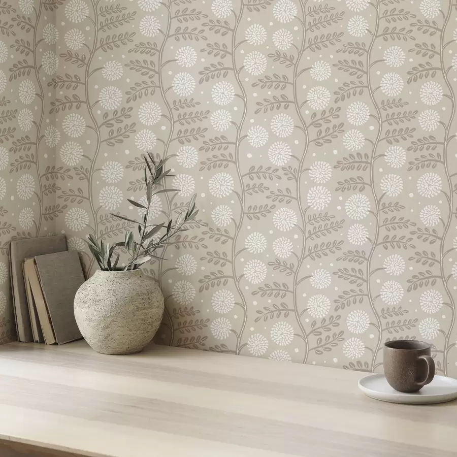 fotószőnyeg Bézs színű szárak fehér, bolyhos virágokkal és puha pontokkal a00997