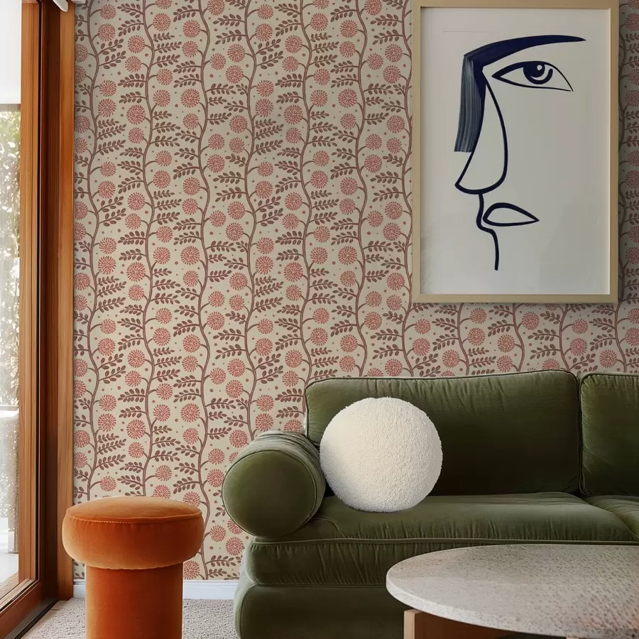 fotószőnyeg Terrakotta szárak, krém színű háttérrel, korallszínű, bolyhos virágokkal a00997v1