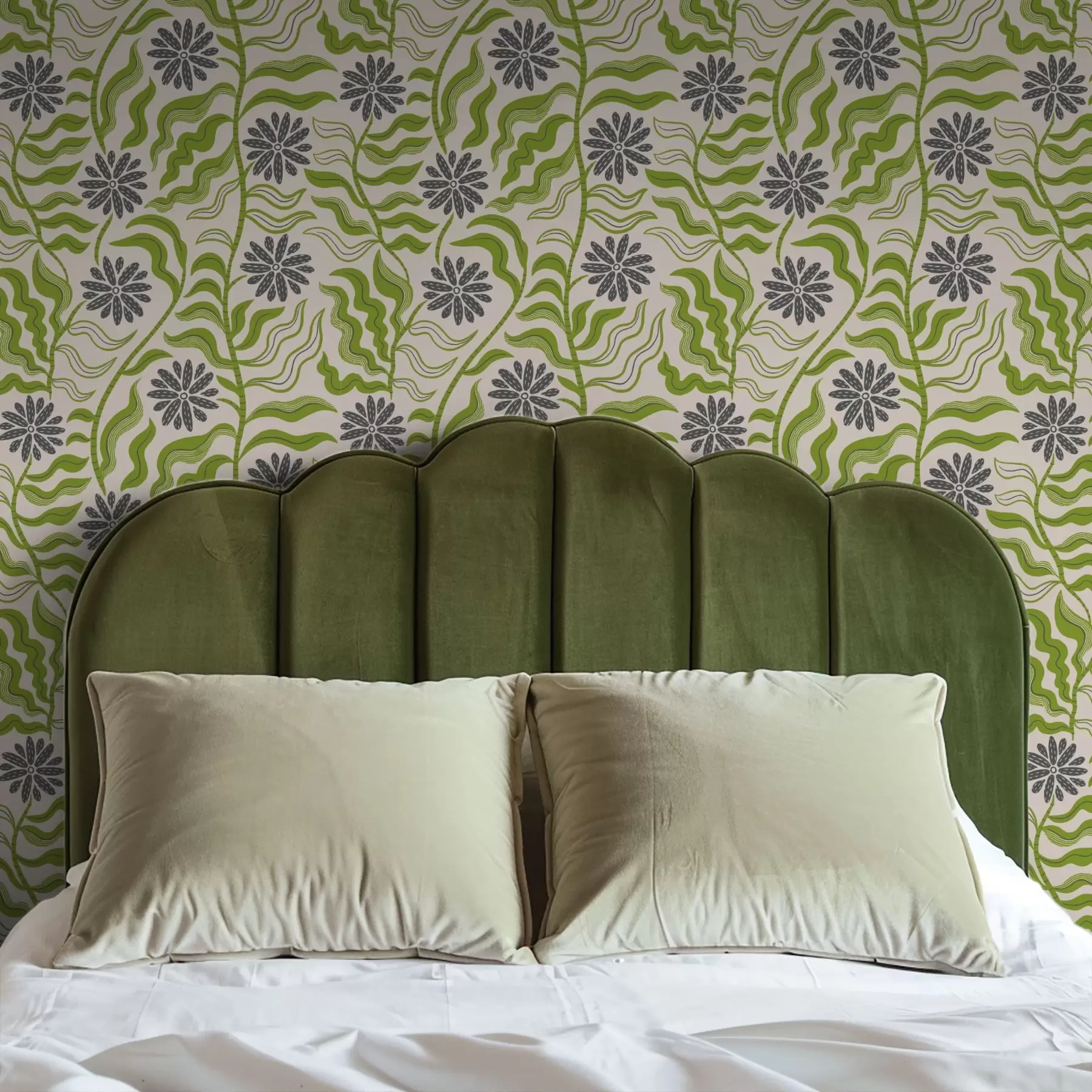 fotószőnyeg Játékos zöld margaréták hullámos levelekkel krém színű háttérrel a00998