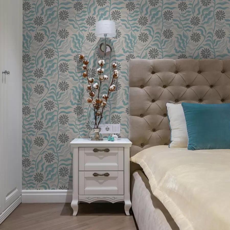 fotószőnyeg Absztrakt virágok és hullámos levelek lágy kék árnyalatokban a00998v1