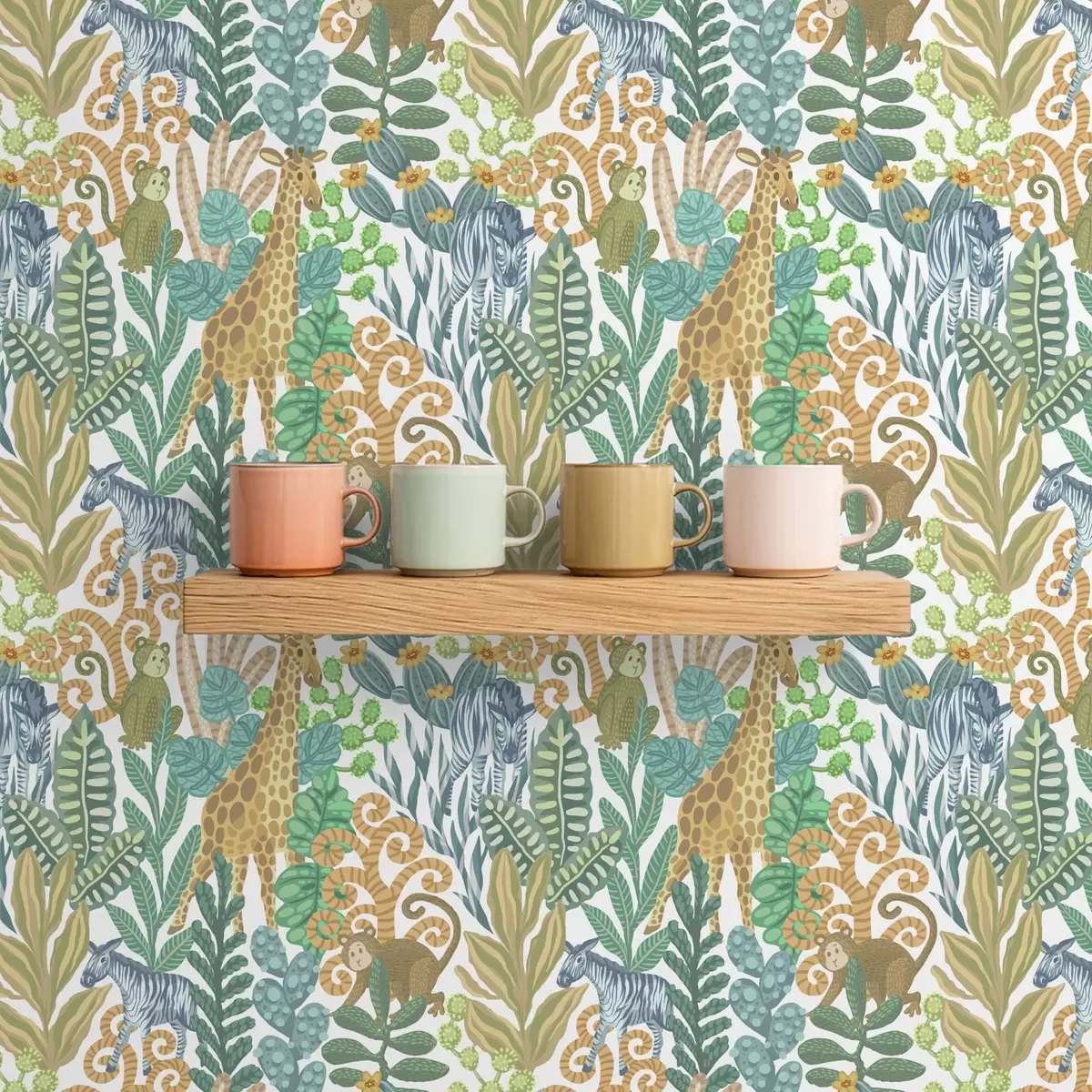 Háttérkép Vidám szavanna állatok levelek között fehér háttér előtt a01000