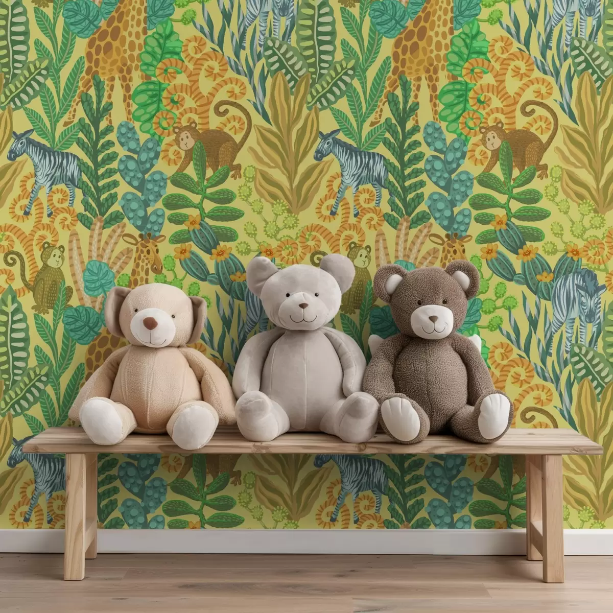 Háttérkép Zsiráf, zebra és majom egy élénk sárga szavannán a01000v1