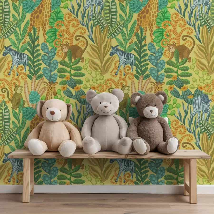 fotószőnyeg Zsiráf, zebra és majom egy élénk sárga szavannán a01000v1