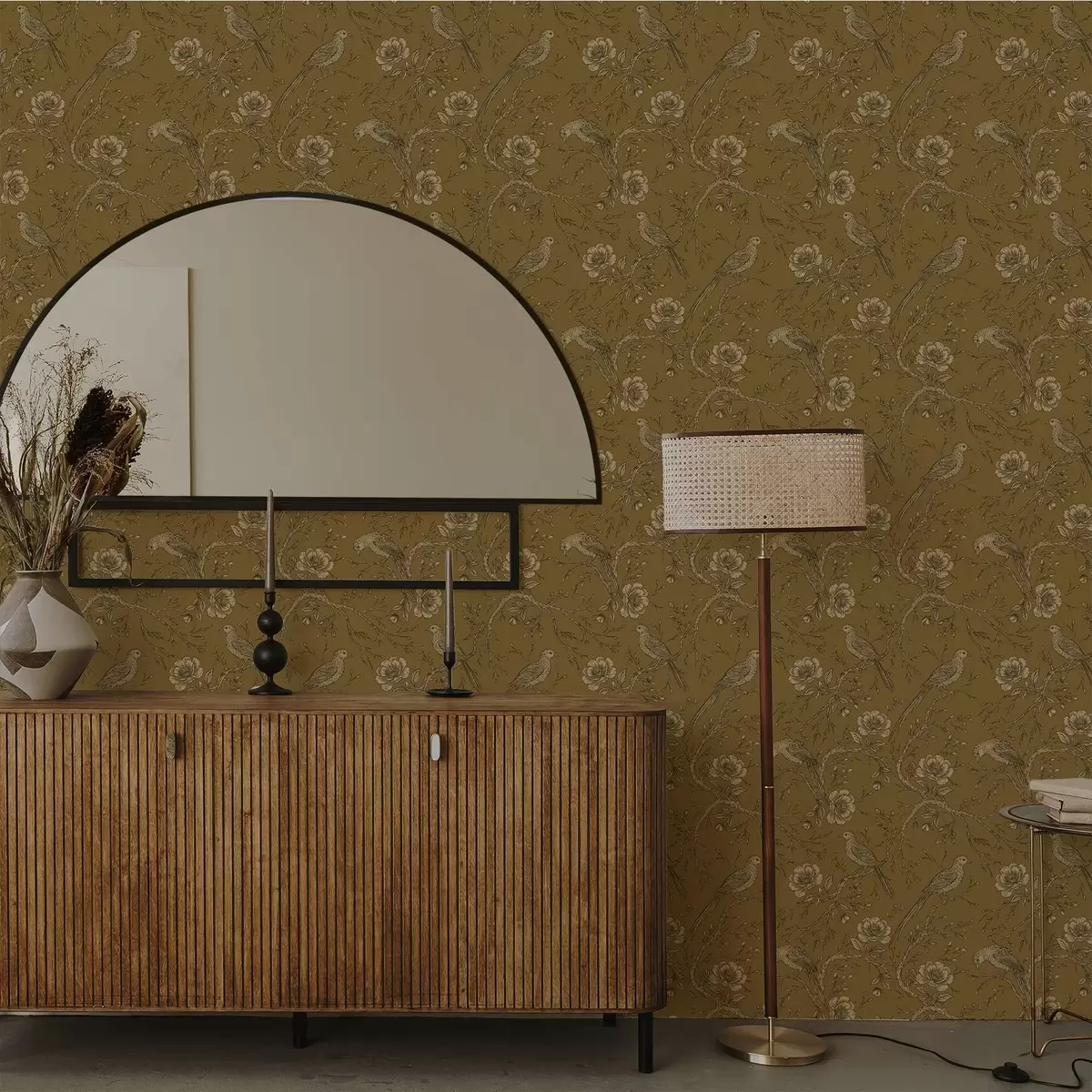 Háttérkép Vintage madarak és virágok meleg olíva háttér előtt a01022v1