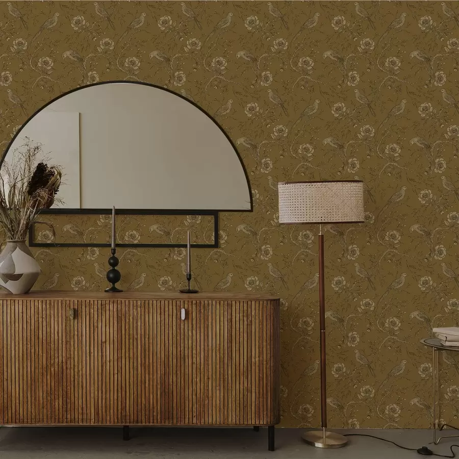 fotószőnyeg Vintage madarak és virágok meleg olíva háttér előtt a01022v1