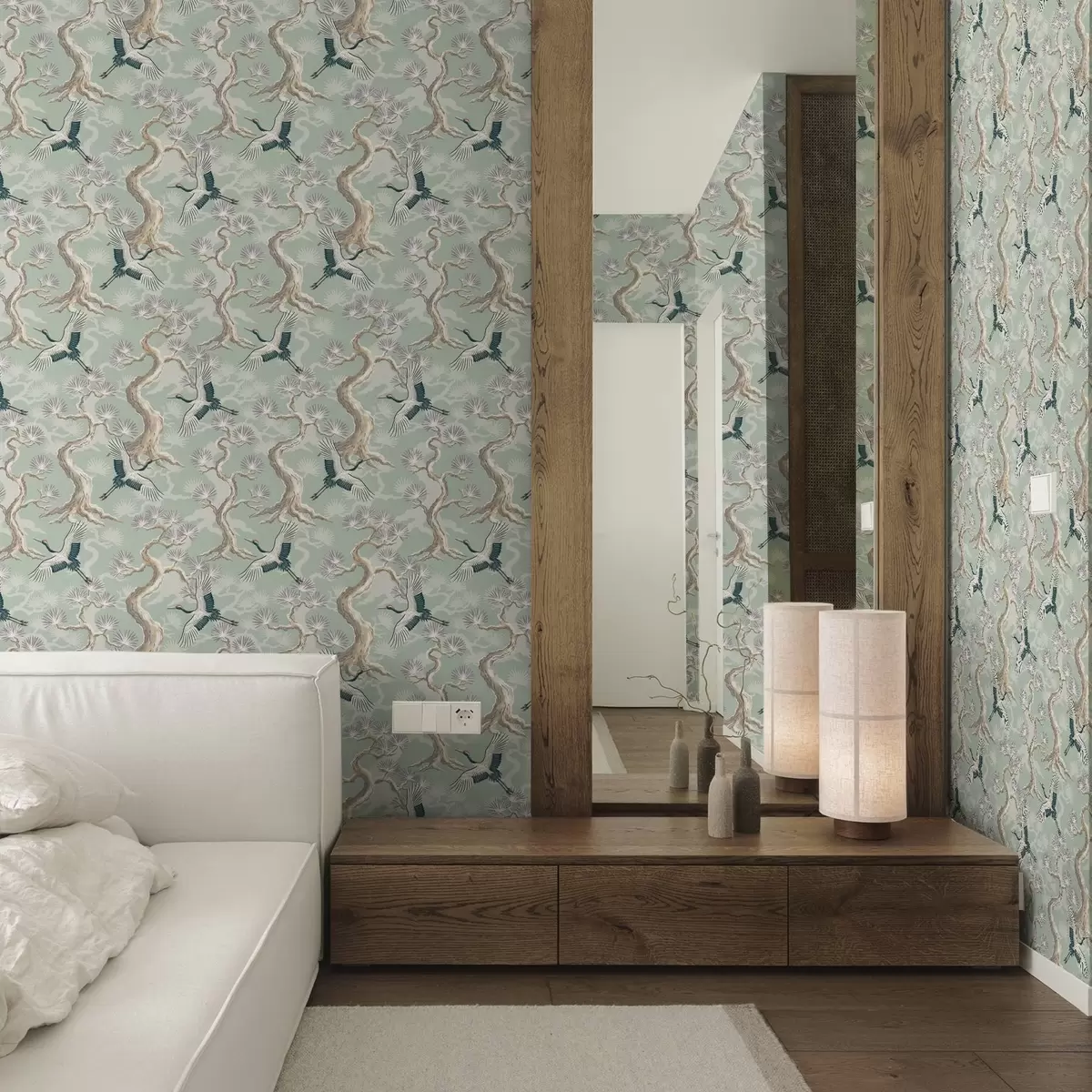 Háttérkép Darvak ívelt ágak között, lágy zsályaszínű háttér előtt a01023