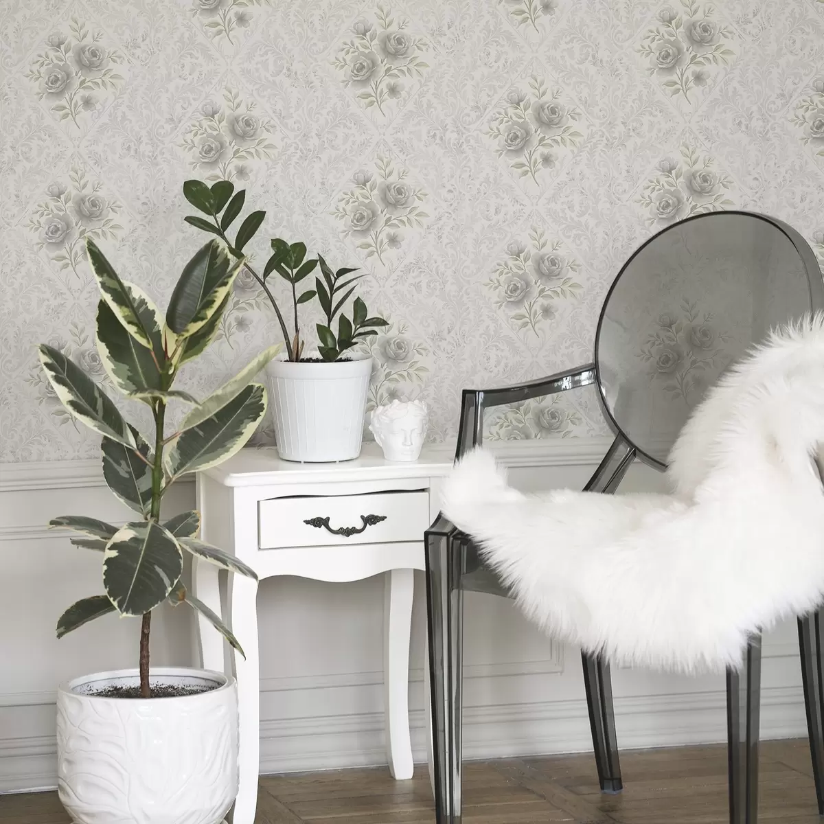 Háttérkép Világos damasztminta szürke rózsákkal, puha rombuszok között a01024