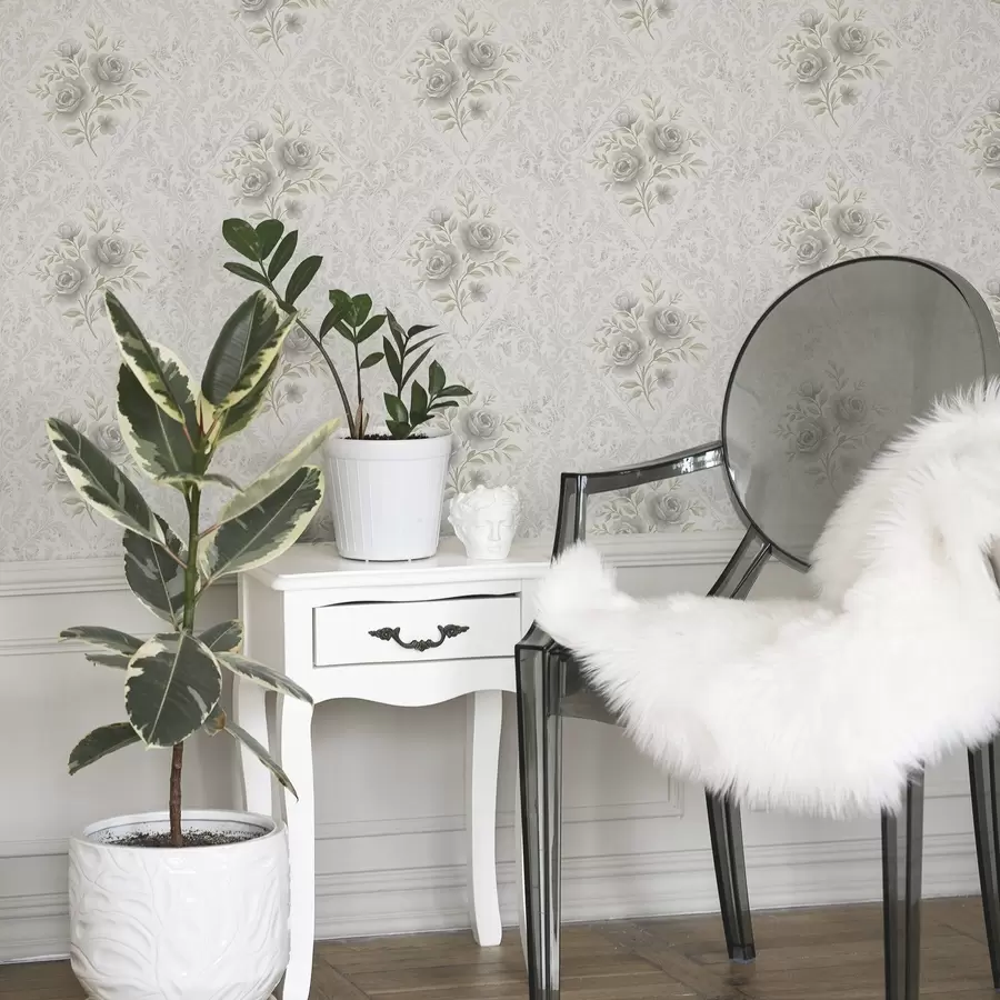 fotószőnyeg Világos damasztminta szürke rózsákkal, puha rombuszok között a01024