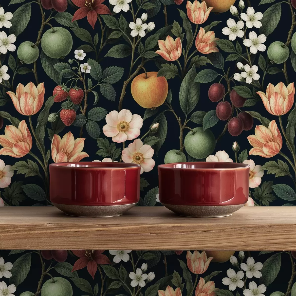 Háttérkép Sötét kert virágokkal, érett almákkal és bogyókkal a01034