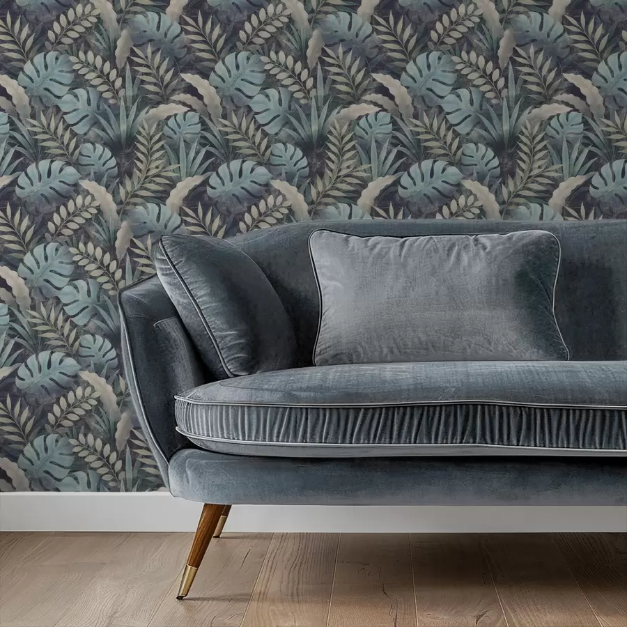 fotószőnyeg Hűvös kékes-zöldes árnyalatú trópusi lombozat a01035