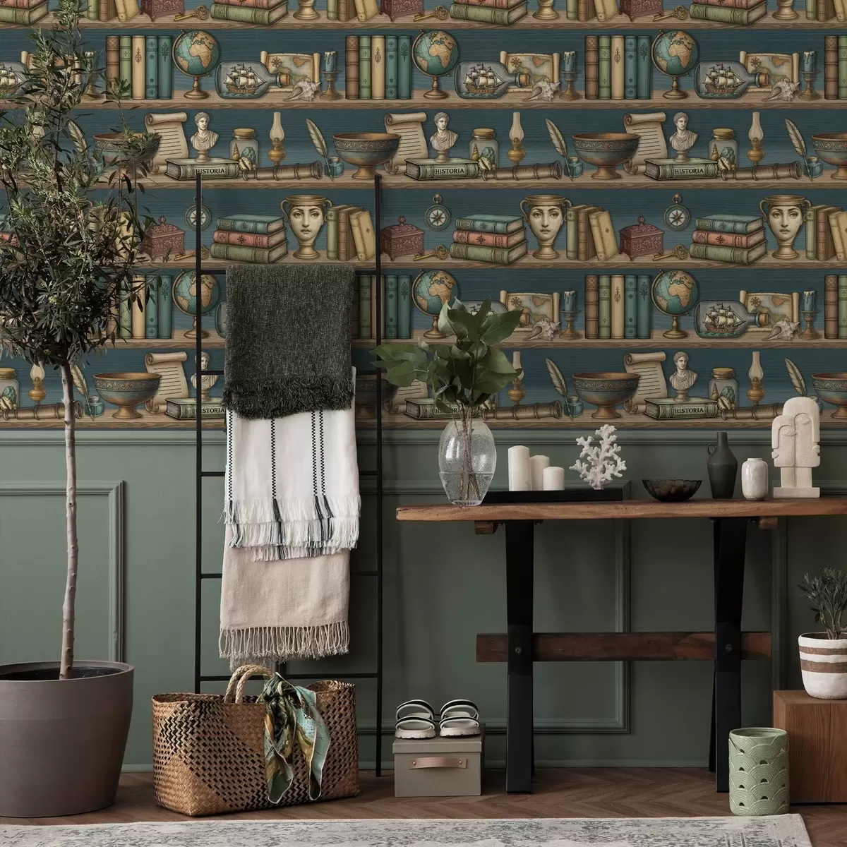 Háttérkép Vintage polcok könyvekkel, földgömb és tengeri érdekességek a01036