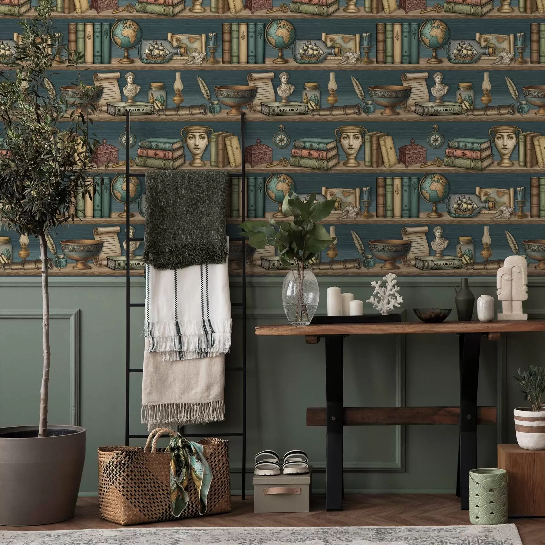 fotószőnyeg Vintage polcok könyvekkel, földgömb és tengeri érdekességek a01036