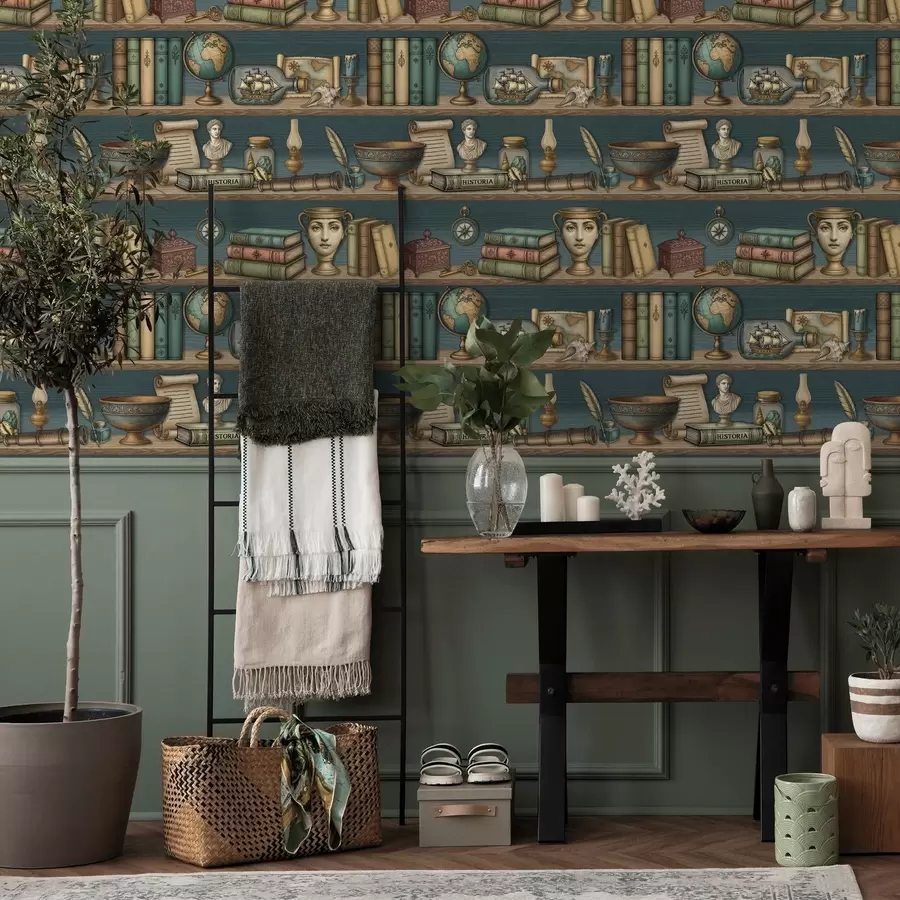 fotószőnyeg Vintage polcok könyvekkel, földgömb és tengeri érdekességek a01036
