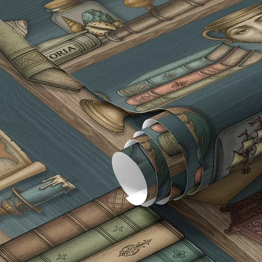 fotószőnyeg Vintage polcok könyvekkel, földgömb és tengeri érdekességek a01036