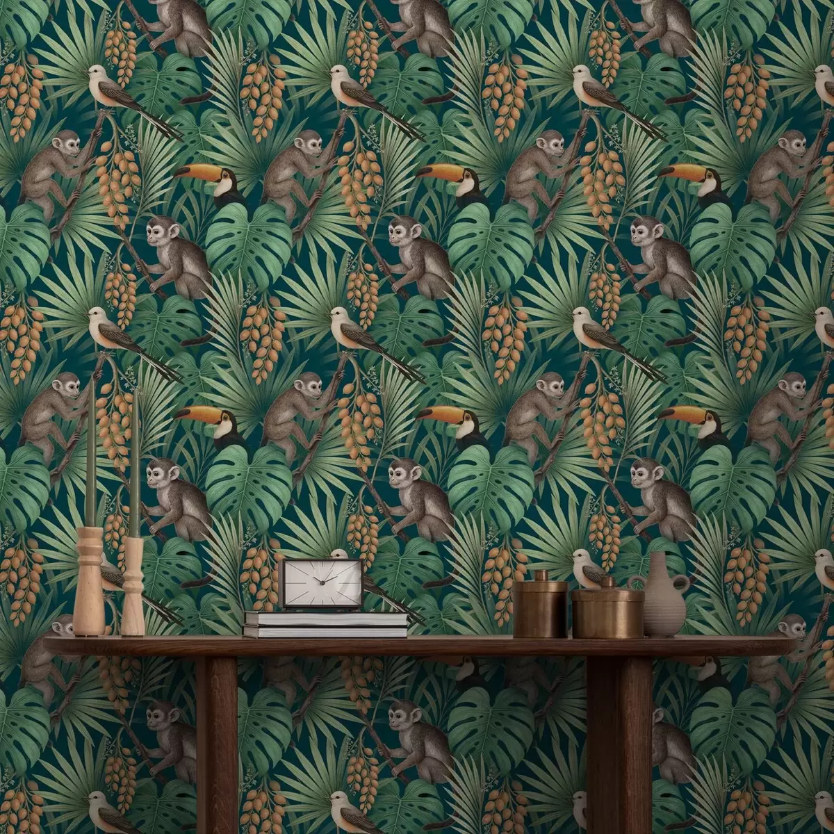 Háttérkép Majmok és trópusi madarak a sűrű dzsungel lombozatában a01037