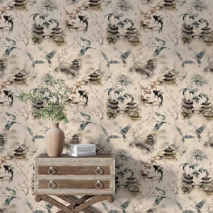 fotószőnyeg Japán templomok, koi halak és darvak lágy háttér előtt a01040