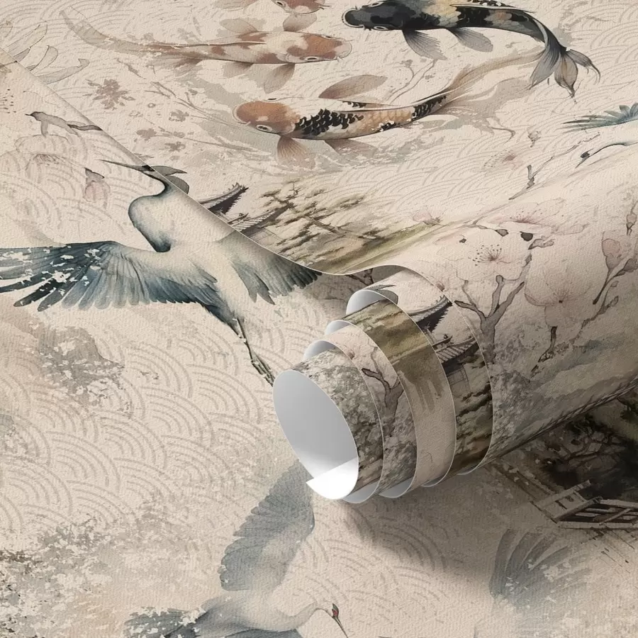 fotószőnyeg Japán templomok, koi halak és darvak lágy háttér előtt a01040