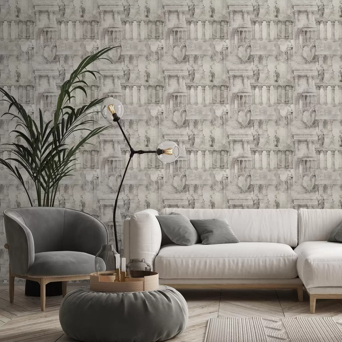 Háttérkép Antik szobrok és oszlopok lágy bézs-szürke árnyalatokban a01041