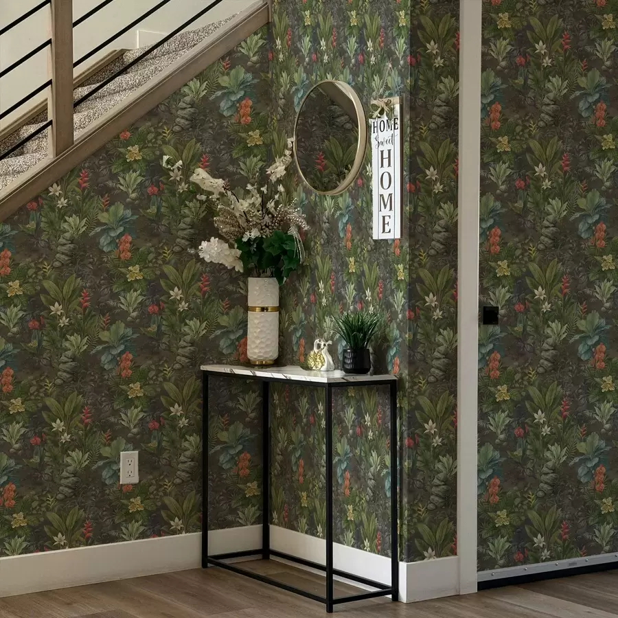 fotószőnyeg Sötét trópusi kert élénk virágokkal és lombokkal a01079