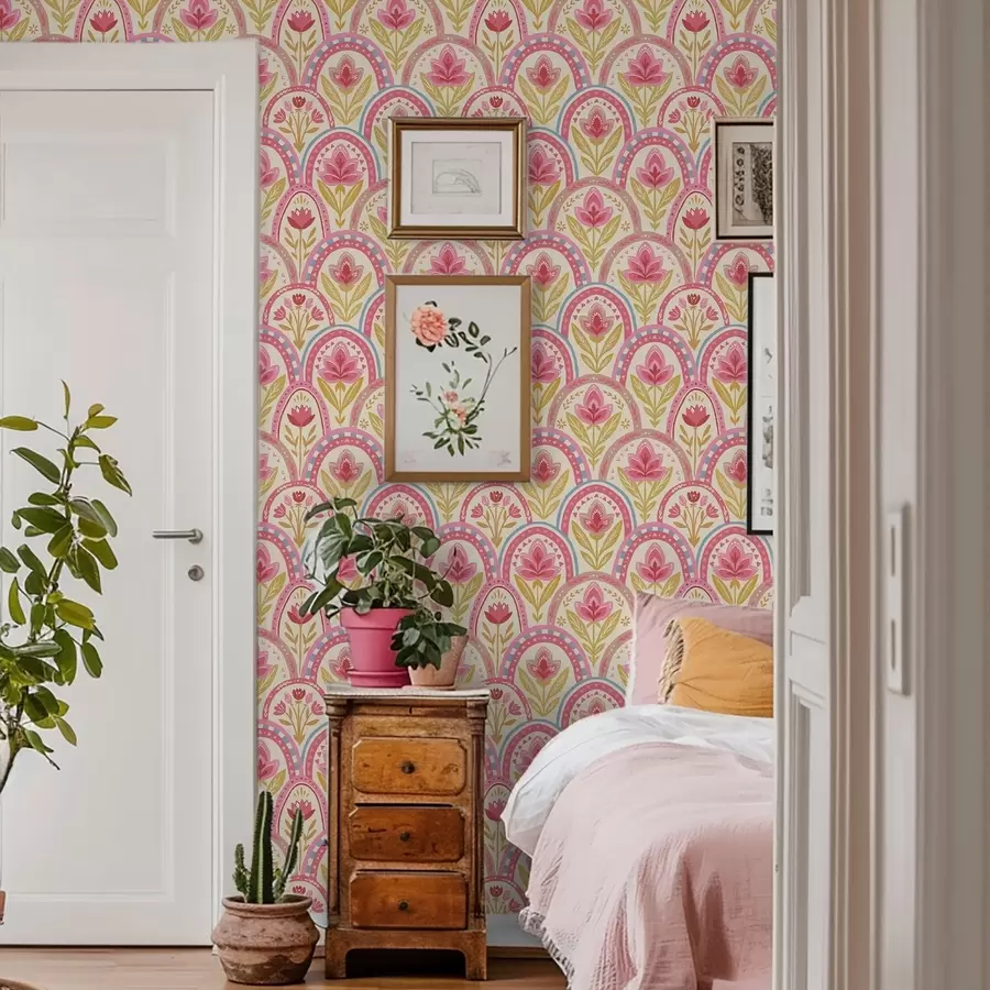 fotószőnyeg Rózsaszín virágokkal díszített íves motívumok népi stílusban a01080