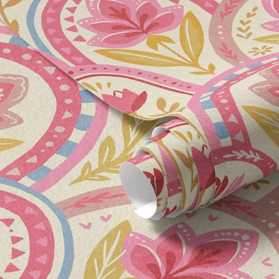 fotószőnyeg Rózsaszín virágokkal díszített íves motívumok népi stílusban a01080