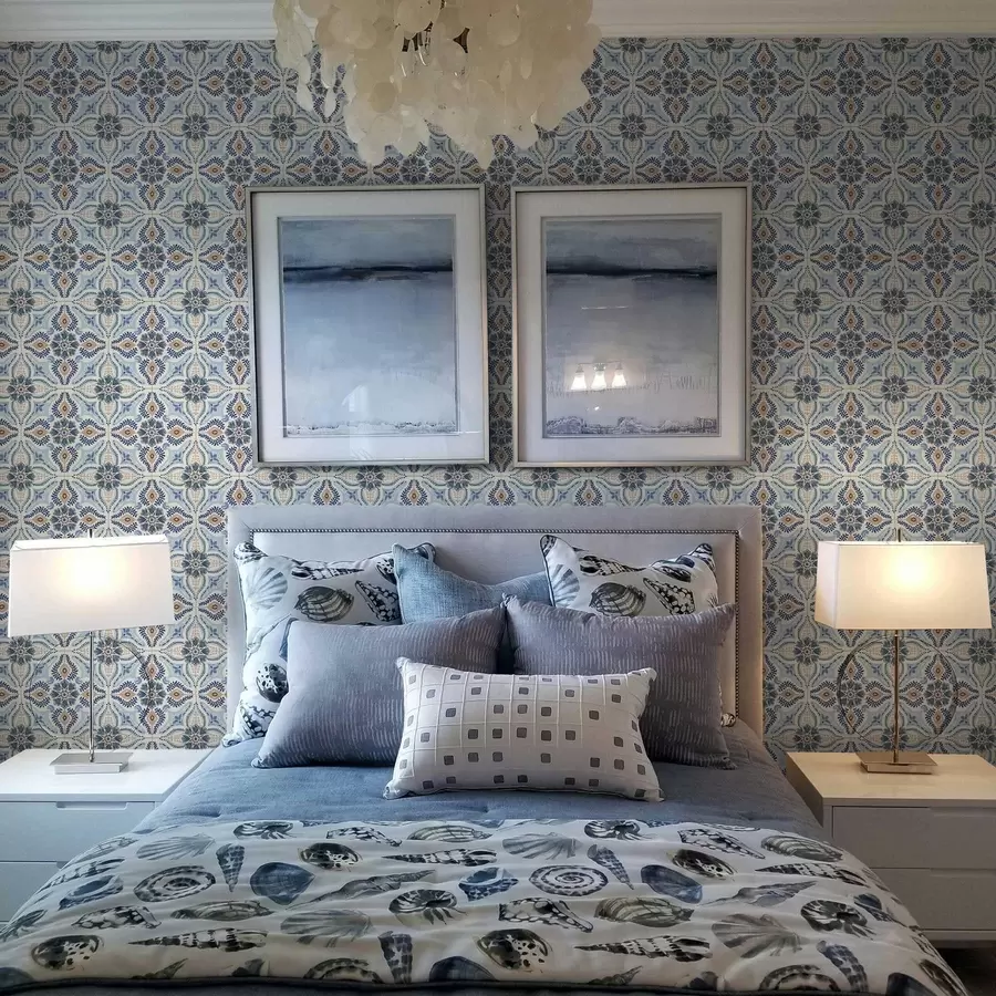 fotószőnyeg Kék-bézs csempe stílusú díszítés, akvarellel festve a01085