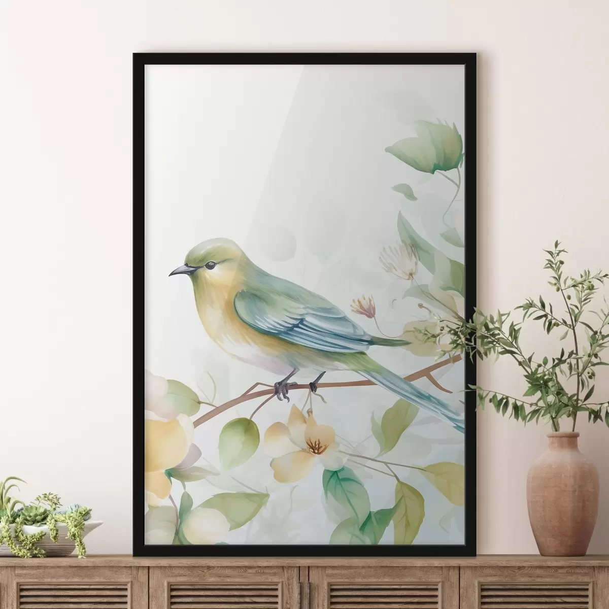 Plakát a sziklán Titmouse egy ágon, imitált akvarell f46892