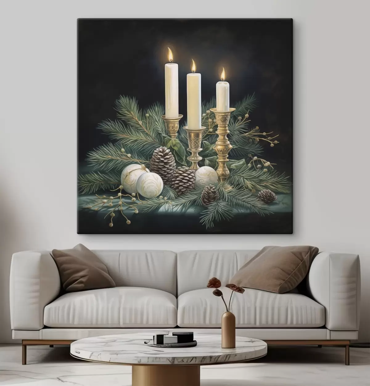 fotótapéta Újévi dekoráció, fenyőfa és gyertyák s46963