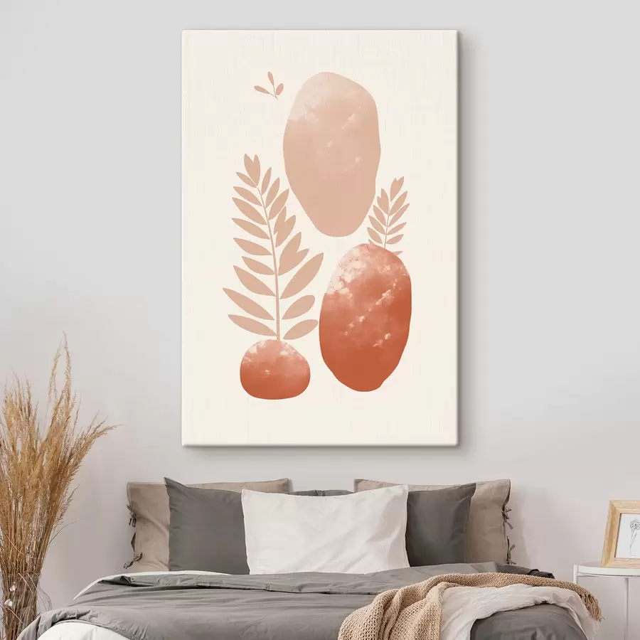 fotótapéta Absztrakt formák, texturált kövek és levelek halvány barack- és terrakotta árnyalatokban, minimalista, krém színű háttérrel. s47012