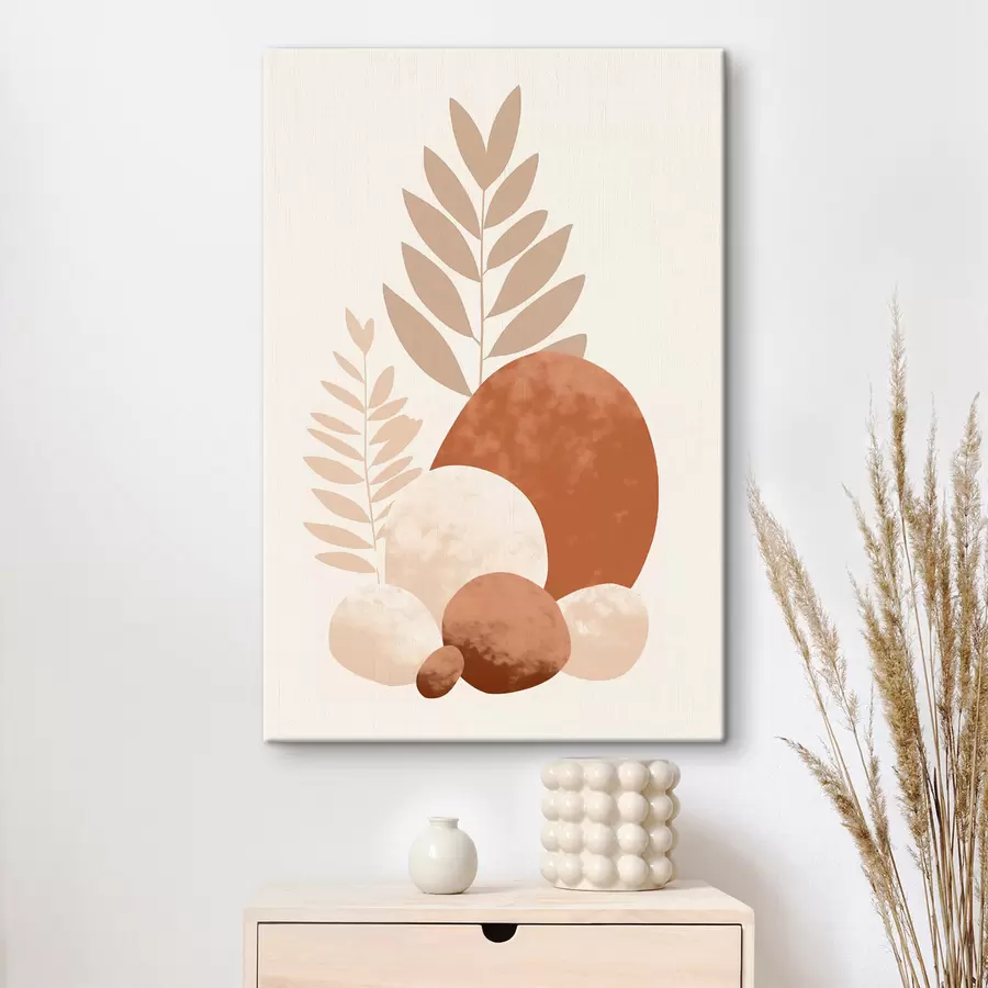 fotótapéta Absztrakt formák, texturált kövek és levelek halvány barack- és terrakotta árnyalatokban, minimalista, krém színű háttérrel. s47013