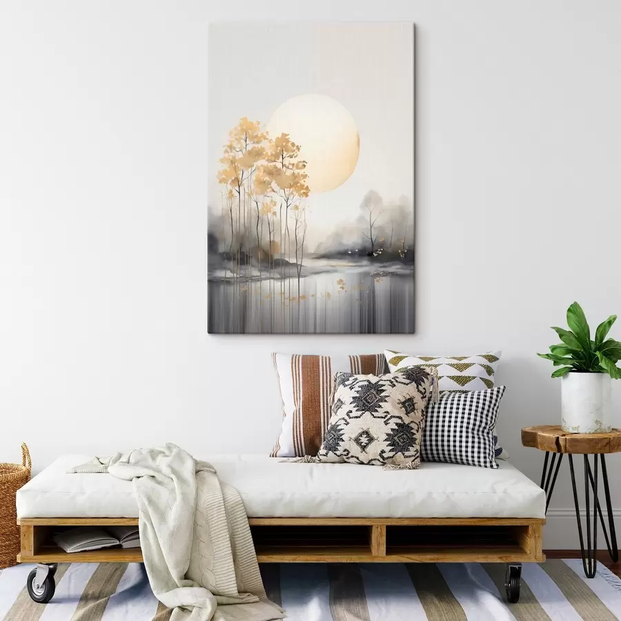 fotótapéta Dekoratív absztrakt táj, magas fák sárga levelekkel, folyó és köd a háttérben s47014