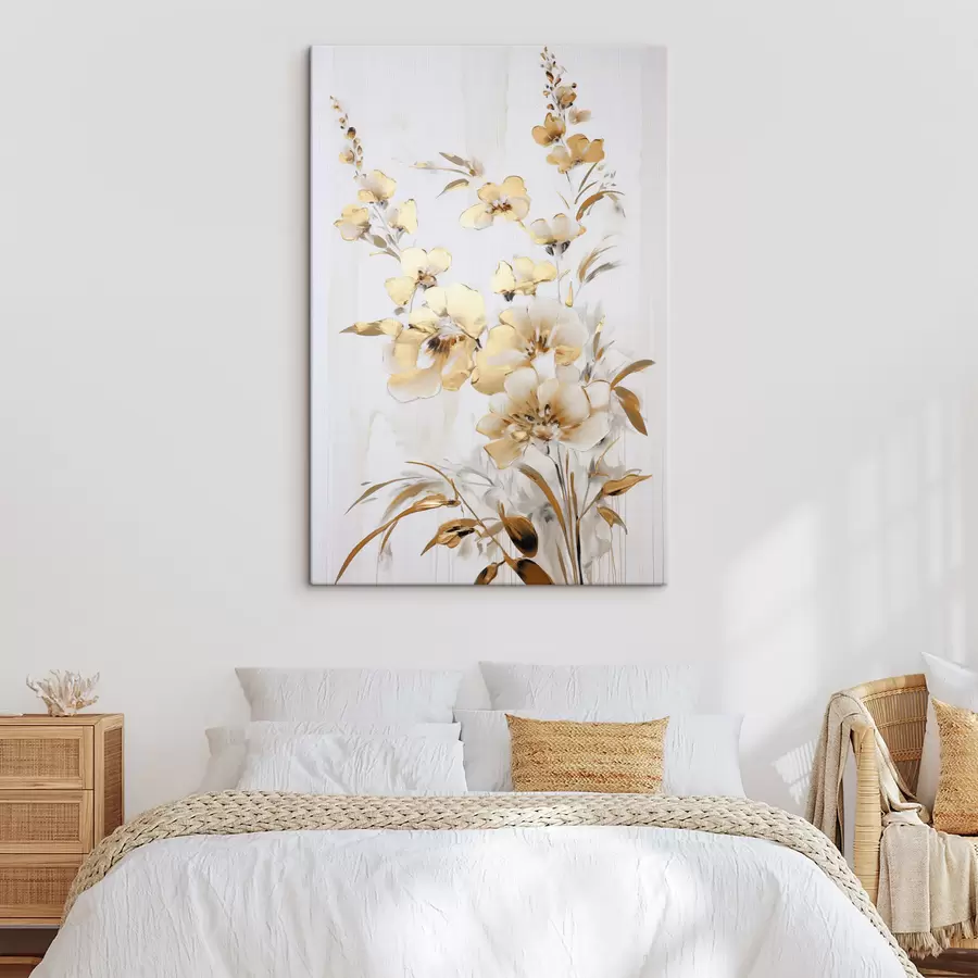 fotótapéta Texturált sárga virágok és levelek fehér háttér előtt, finom ecsetvonásokkal s47016