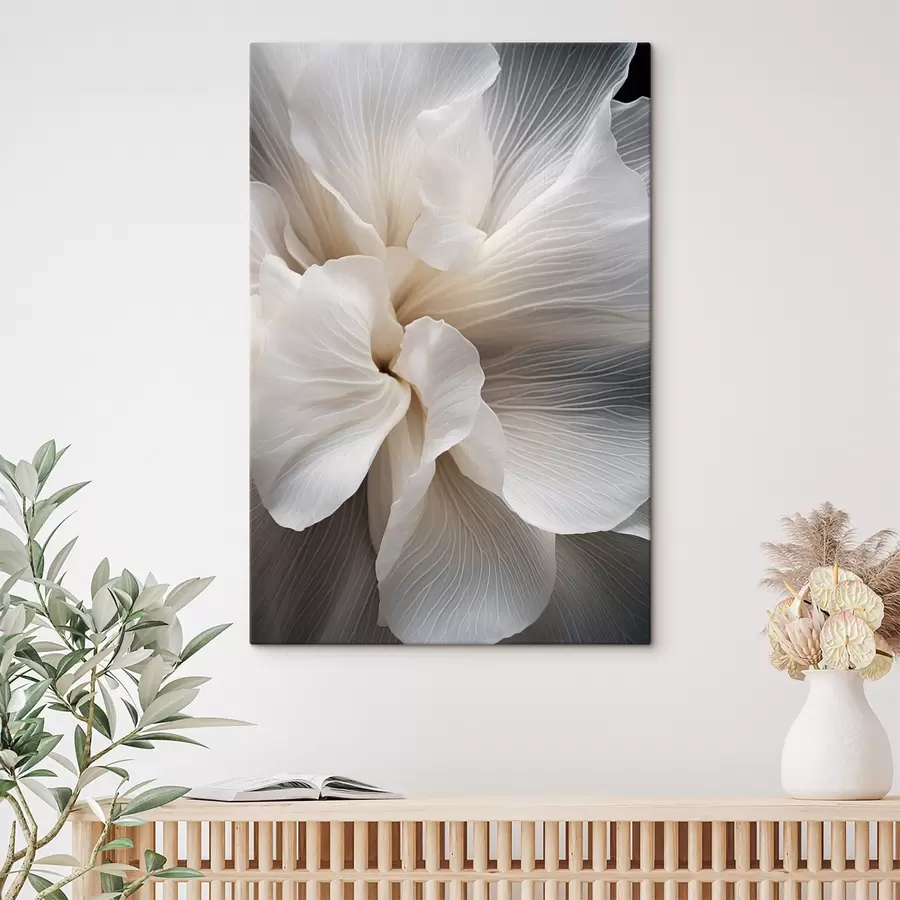 fotótapéta Közelkép finom, absztrakt fehér virágszirmokról, bonyolult vonalakkal és elmosódott sötét háttérrel s47018