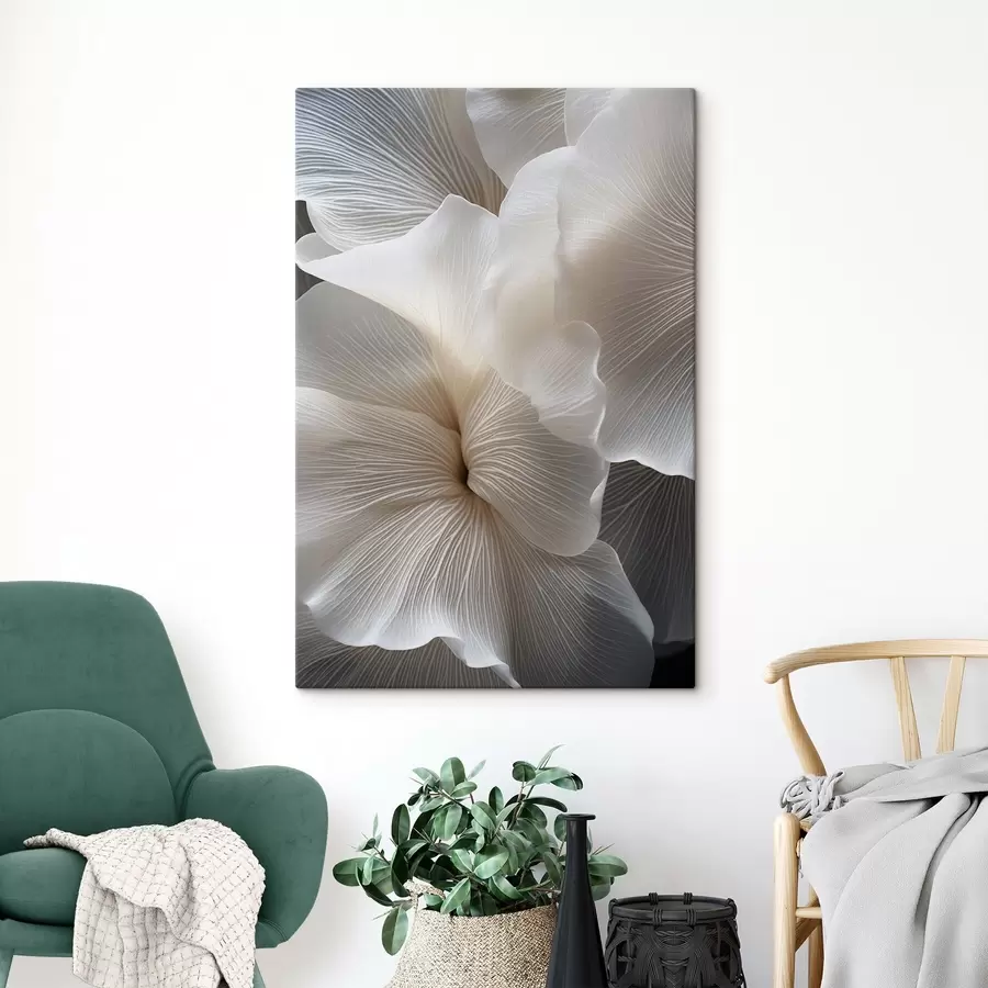 fotótapéta Közelkép finom, absztrakt fehér virágszirmokról, bonyolult vonalakkal és elmosódott sötét háttérrel s47019