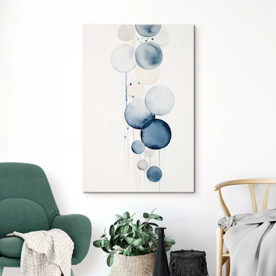 fotótapéta Absztrakt, texturált, különböző méretű kék és fehér akvarell körök fehér háttér előtt s47020