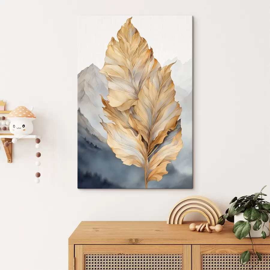 fotótapéta Absztrakt, nagy, sárga és barna levelek bonyolult részletekkel, hegyvidéki tájjal a háttérben s47022