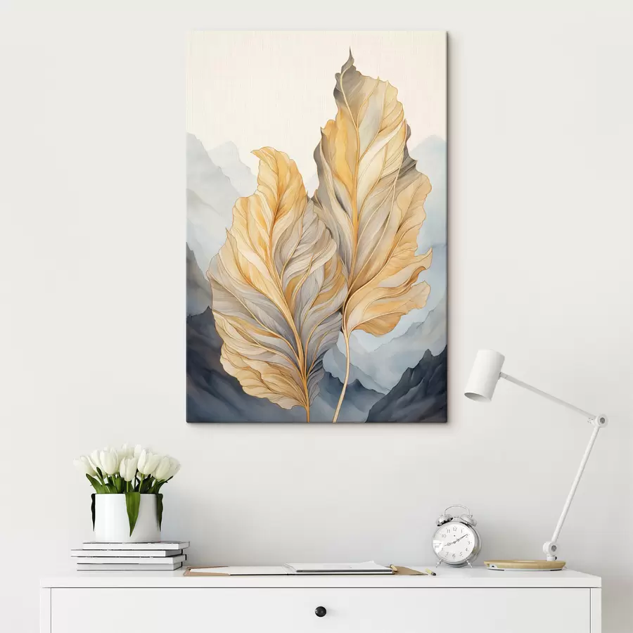 fotótapéta Absztrakt, nagy, sárga és barna levelek bonyolult részletekkel, hegyvidéki tájjal a háttérben s47023