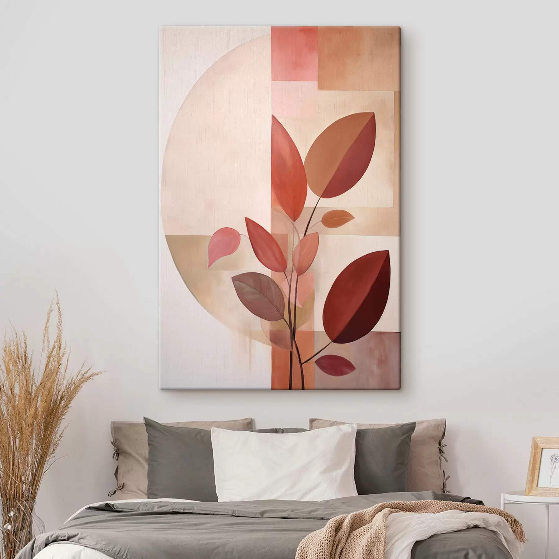 fotótapéta Absztrakt növény vörös levelekkel, geometrikus formák és lágy, tompított színekkel a háttérben s47041