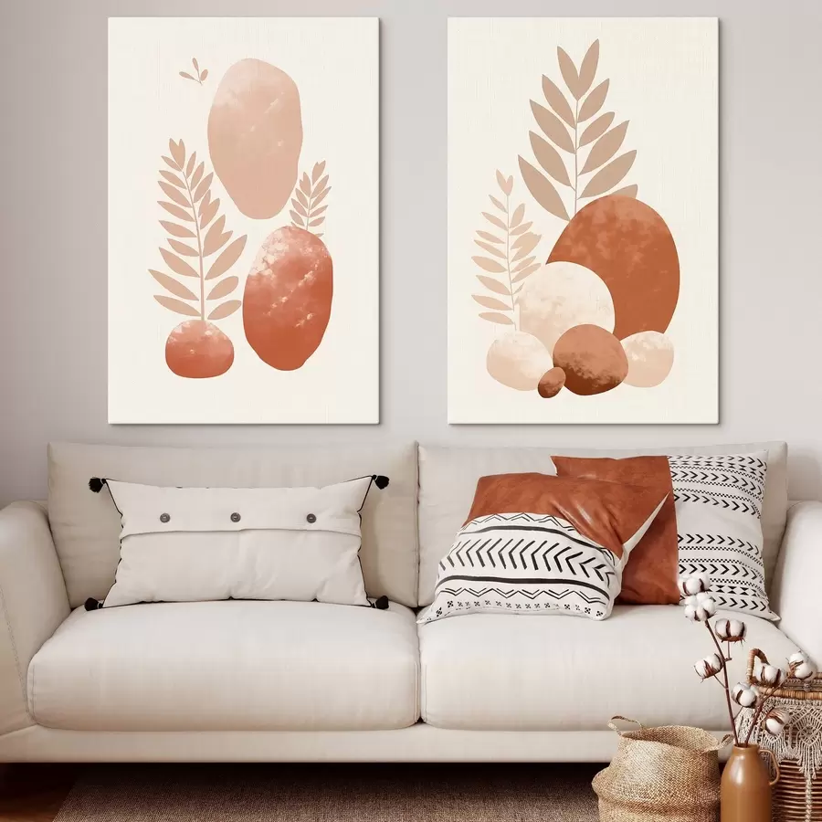 fotótapéta Absztrakt formák, texturált kövek és levelek halvány barack- és terrakotta árnyalatokban, minimalista, krém színű háttérrel. m01114