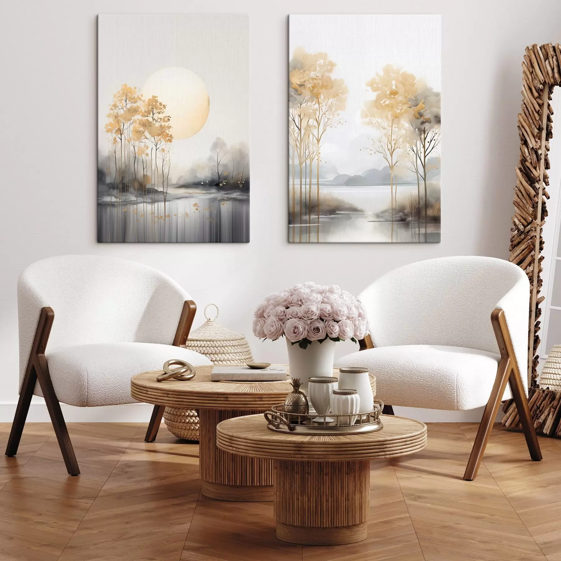 fotótapéta Dekoratív absztrakt táj, magas fák sárga levelekkel, folyó és köd a háttérben m01115