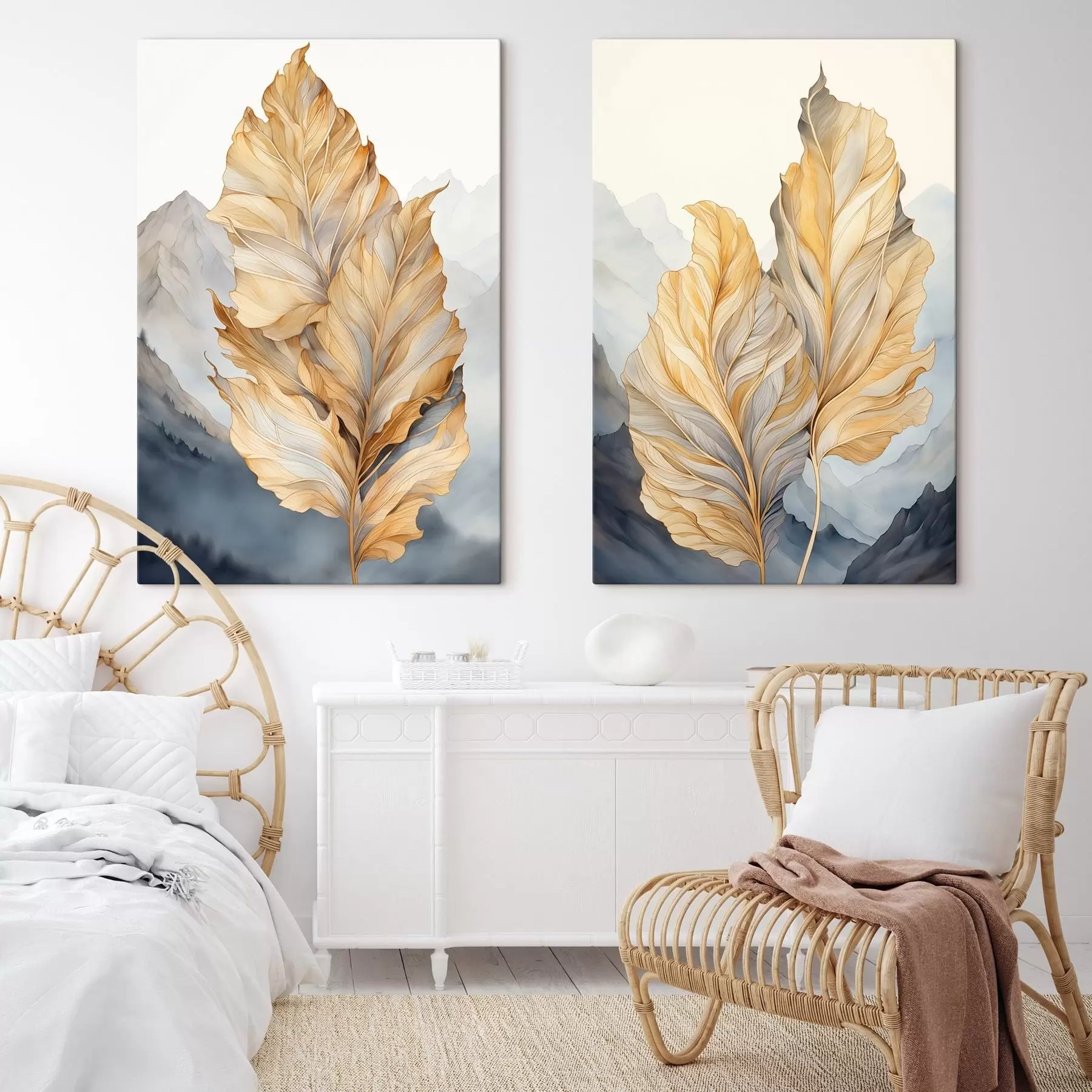 fotótapéta Absztrakt, nagy, sárga és barna levelek bonyolult részletekkel, hegyvidéki tájjal a háttérben m01119