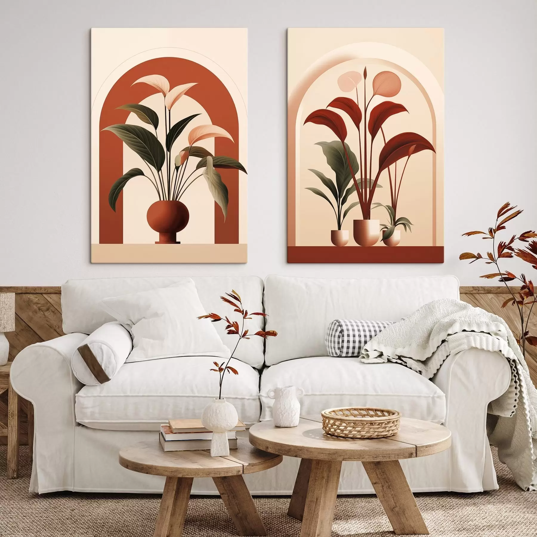 fotószőnyeg Absztrakt cserepes növények nagy zöld és piros levelekkel egy krém színű boltív előtt m01124