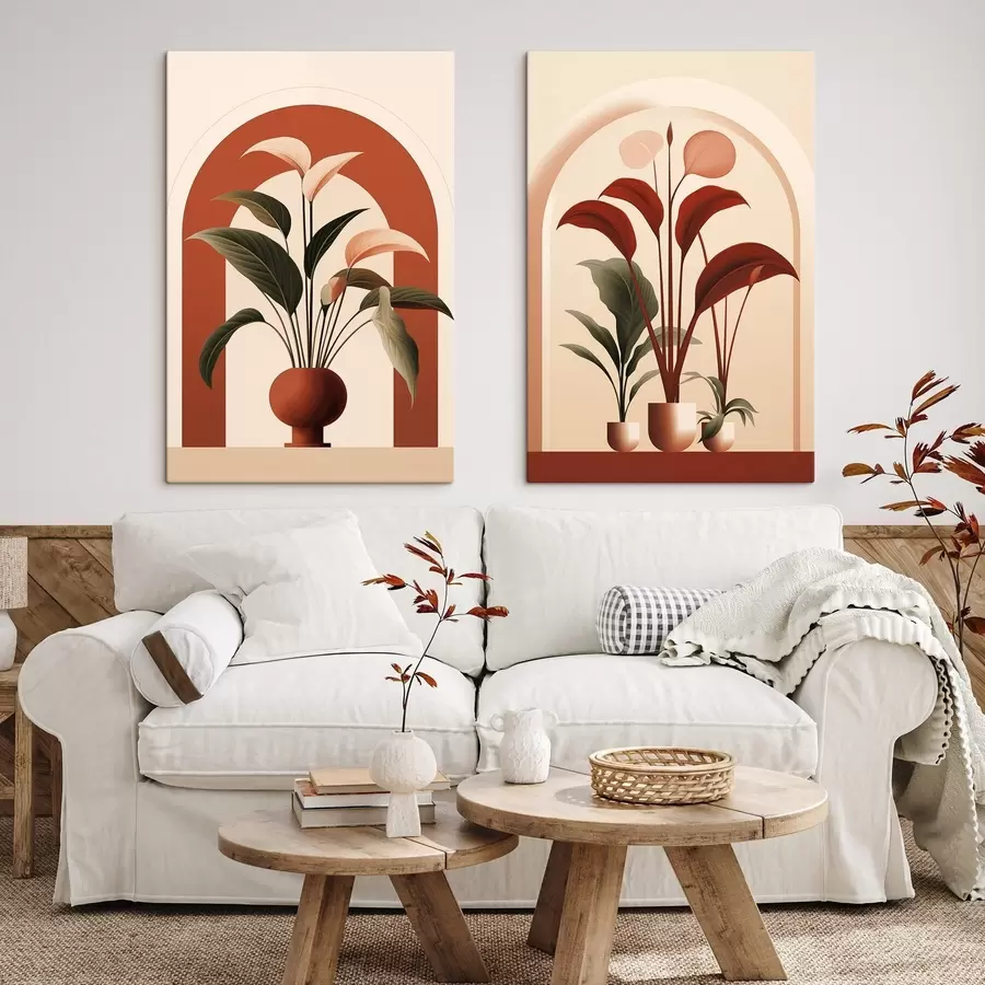 fotótapéta Absztrakt cserepes növények nagy zöld és piros levelekkel egy krém színű boltív előtt m01124