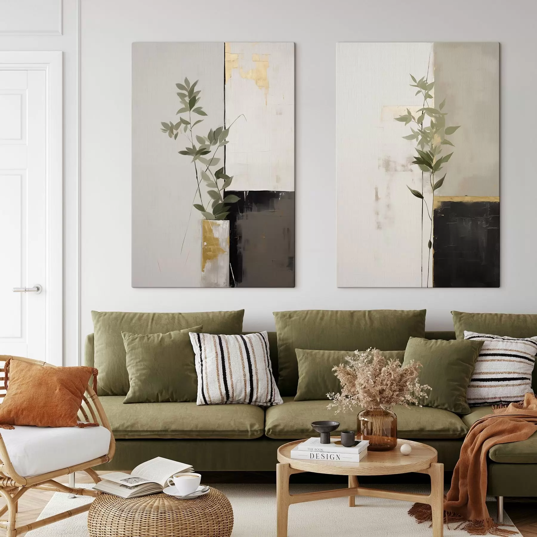 fotótapéta Minimalista textúrájú festmény, amelyen egy vázát és zöld leveleket ábrázolnak absztrakt geometriai alakzatok háttérében m01126